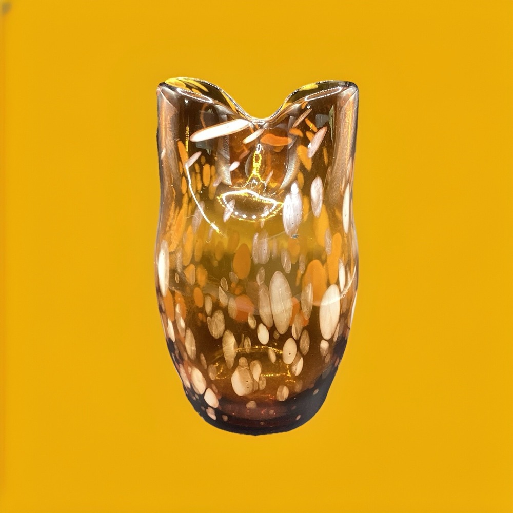 Vtg Amber White Splatter Handblown Pinched Art Glass Bud Vase MCM 5" Tall Retro